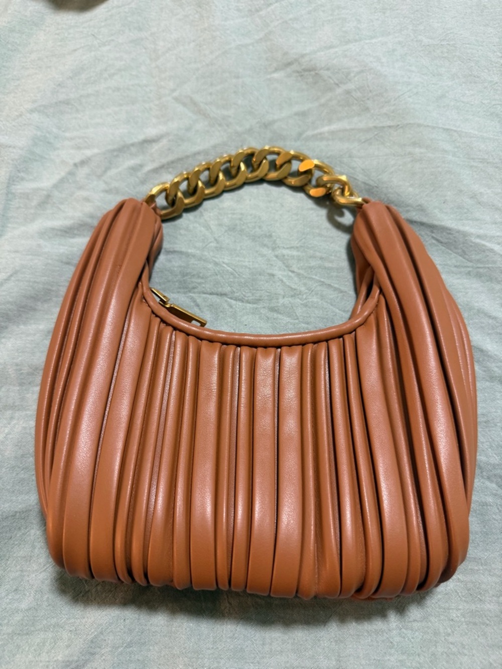 Mini Pleated Bag with Gold Chain Handle - Brown